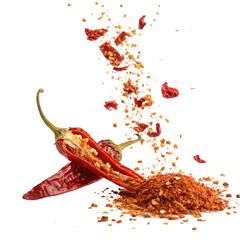 Dried red chili peppers and spice falling isolated on transparent background