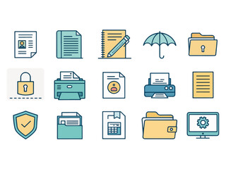 Collection of Business and Office Related Icon Illustrations in Minimalist Style Representing Work and Protection