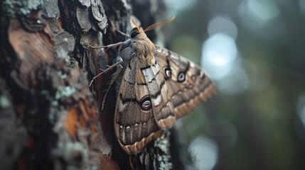 Naklejka premium Close-Up Of Brown Moth On Tree Bark With Intricate Wing Pattern