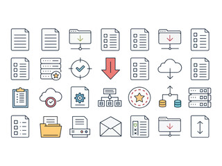 Collection of Colorful Data and File Management Icons Representing Cloud Computing and Data Storage Solutions