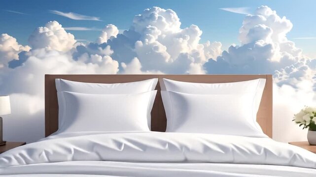 A bed with white linens and pillows is set against a backdrop of a bright blue sky filled with fluffy white clouds.