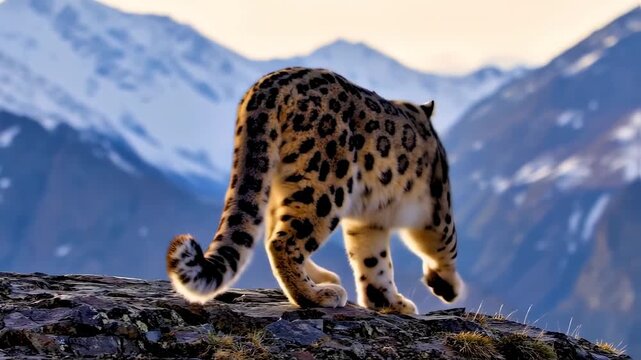 A snow leopard surveys a mountain range, its coat adorned with spots, standing on a rocky outcrop