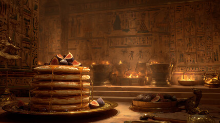 Tower of pancakes drizzled with honey and figs on a golden plate in an Egyptian tomb chamber, hieroglyphic walls glowing with torchlight