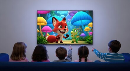 Celebrating world television day with kids watching animated cartoon on screen
