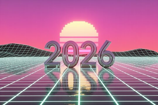 2026 in retro synthwave style with glowing grid and pixelated sun.