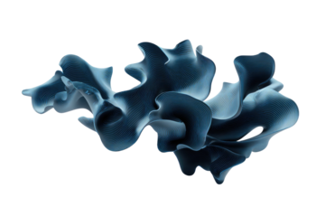 A dark blue, abstract cloud-like shape floats against a black background, resembling fabric