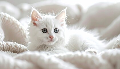 Obraz premium Fluffy White Kitten With Blue Eyes Lying On A Soft White Blanket Indoors With Soft Natural Lighting