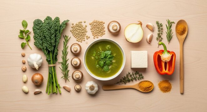 World vegan day celebration: fresh ingredients and delicious soup for healthy living - Powered by Adobe