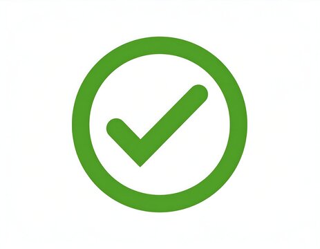 A stylized green checkmark icon, encapsulated by a circular outline, set against a pristine white background. It signifies approval and completion