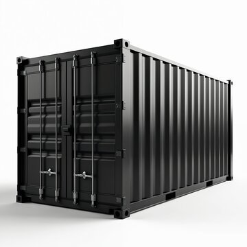 Single black shipping container isolated on white. Industrial metal box for global cargo freight transport, storage, and logistics. Modern steel module for delivery.