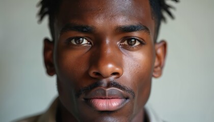 Fototapeta premium Close up portrait of young black man with dark curly hair and mustache. His face shows thoughtful calm expression. Natural soft light highlights detailed skin texture and gentle eyes.