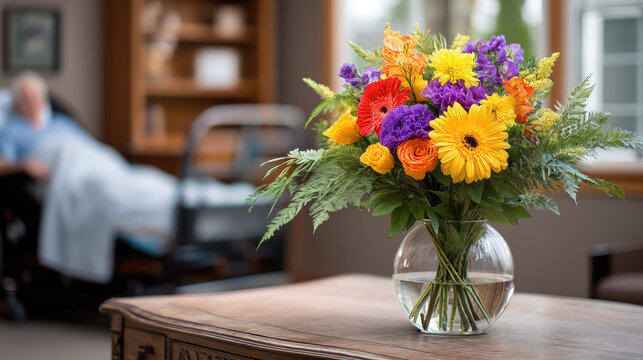 Bright birthday bouquet with yellow, orange, purple, and red flowers in glass vase on wooden table, cheerful mood in cozy room - Powered by Adobe