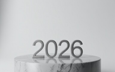 Metallic 2026 numbers on a marble pedestal, symbolizing the upcoming new year.