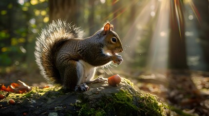 Obraz premium Squirrel on Mossy Rock Eating Acorn Beneath Sun Rays in a Bright Autumn Forest