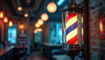 Classic barber pole illuminated in vintage barbershop setting. Red white and blue spiral stripes with soft lighting ambiance. Brick wall adds old fashioned charm.