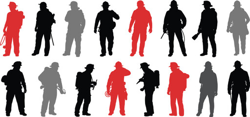 Firefighter silhouette vector set with rescue equipment and uniform, emergency hero illustration collection for safety, fire service, and protection design