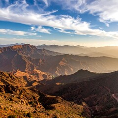 Fototapeta premium Expansive mountain vista under a partly cloudy, bright blue sky at sunset