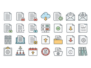 Collection of colorful document icons depicting file management options and data handling processes for digital platforms