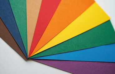 Many colored paper sheets arranged like a fan. Shades of rainbow colors plus brown, blue, green and purple. These are crafts for creating art or decorations.