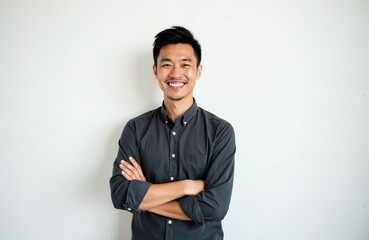 Young Asian man in dark grey shirt stands with arms crossed smiling confidently against a plain white background. Male person looks friendly and approachable. Portrait of a happy smiling man.