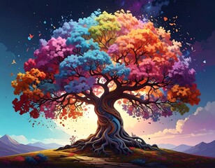 A vibrant illustration showcases a large, fantastical tree with a multi-colored canopy of leaves. It grows on a gentle hill
