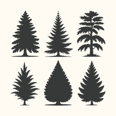 Obraz premium Vector art of set of six different evergreen tree silhouettes