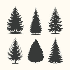 Fototapeta premium Vector art of set of six different evergreen coniferous trees silhouettes, isolated on a light background