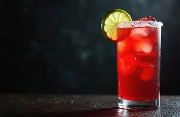 Refreshing red michelada cocktail in glass with ice and lime slice on dark background. Summer drink for party. Bar beverages concept at club and event. Cold beverage.