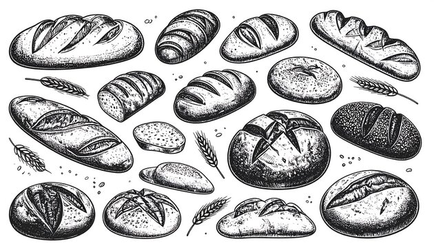 Detailed pen and ink illustration of various crusty bread loaves
