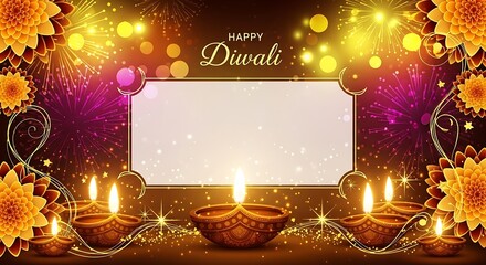 Festive diwali celebration with glowing diyas marigold flowers and sparkling bokeh lights creating a warm and inviting atmosphere