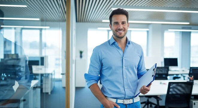 Smiling businessman holding clipboard in modern office with glass walls - Powered by Adobe