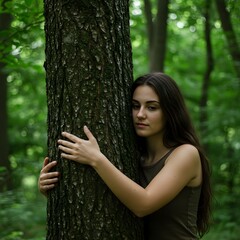 Serious young woman hugging a large tree in the dark woods showing nature connection