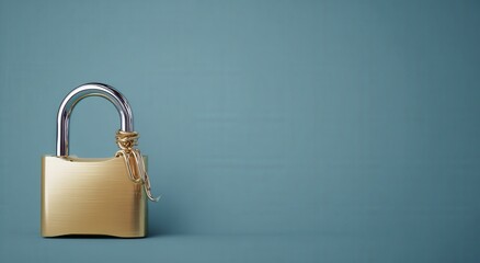 Naklejka premium An open, golden padlock against a solid blue background, evoking themes of security and data protection, safety, and digital privacy. ..Created with Generative AI, not depicting real subjects.