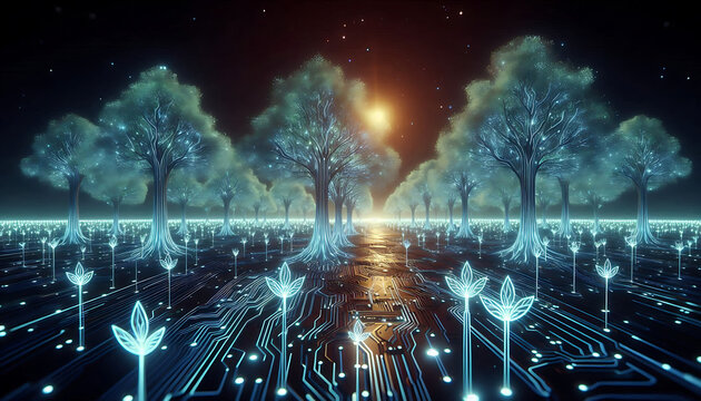Futuristic AI forest glowing in harmony with data connections and energy lines.