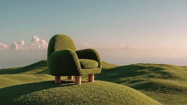Green armchair on rolling hills under blue sky and wispy clouds