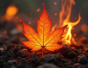 Bright orange maple leaf glows in firelight on dark soil. Flames and embers dance in background. Autumnal scene captures heat and natural beauty with vibrant detail.