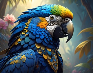 Detailed portrait of a vibrantly-colored macaw in a lush environment
