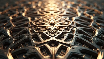 Intricate metallic geometric pattern surface with warm golden light reflections. Detailed abstract industrial background with symmetrical shapes and textures. Modern complex design with sharp edges.