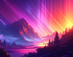 Dramatic landscape featuring mountains, a river, and a vibrant sky