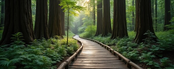 Wooden pathway winds in green forest. Boardwalk goes through forest with tall trees and fern vegetation. Nature trail provides an easy access to the forest for exploration. Beautiful landscape.