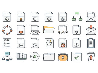 Collection of Colorful Outline Business and Office Icons for Workflow Management and Data Processing