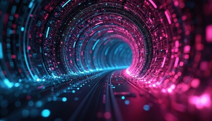Futuristic digital tunnel with vibrant neon lights. Abstract tech background features ai network data flow. Modern design visualizes advanced tech progress innovation. Digital art conveys computer