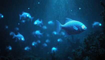 A group of glowing fish swim underwater in a dark ocean. Bioluminescent creatures create an ethereal light show. Marine animals inhabit deep blue environment. Oceanic wildlife scene.