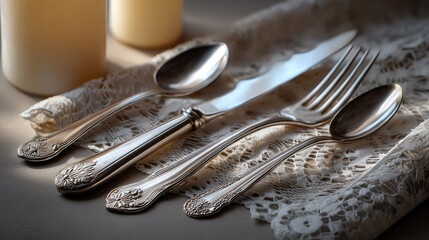 Antique silverware set with ornate handles on lace napkin, elegant dining atmosphere, vintage style, soft lighting