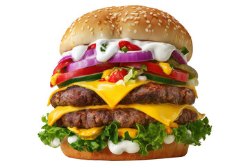 Towering Hamburguesas Con Todo Burgers or cheeseburger with bacon, cheese, lettuce, tomato, and sauces isolated on white transparent background, concept of Venezuela fast food