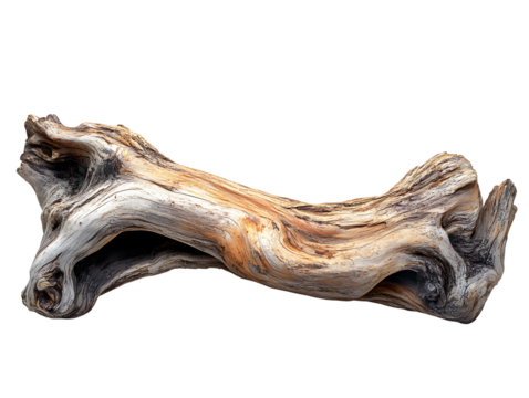 Detailed close up of a weathered driftwood sculpture resembling a leaping animal isolated on transparent background