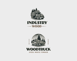 wood logging truck of timber logs logo template