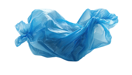 Transparent, ruffled, blue plastic bag, floating in mid-air against a stark black backdrop