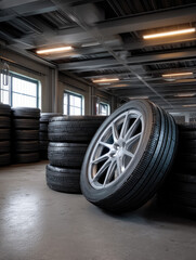 Obraz premium Stacked car tire with alloy wheel in modern garage storage, clean floor, industrial lighting, organized, automotive service, efficiency