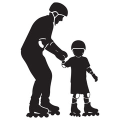 Monochromatic Silhouette Illustration of Adult Guiding Child Rollerblading Learning Activity